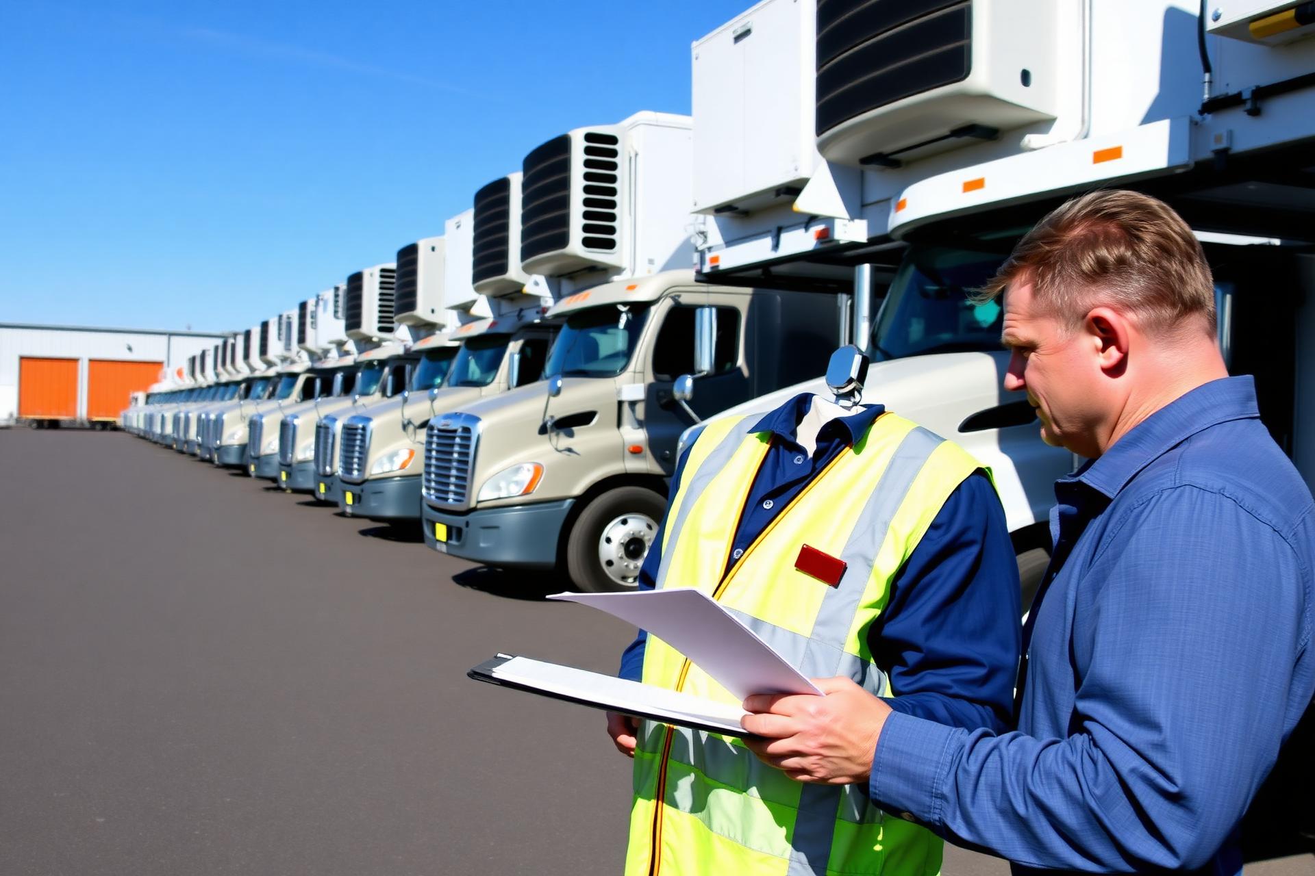 Fleet of commercial trucks lined up for DOT inspection