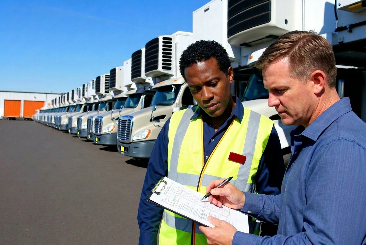 Fleet service technician with a clipboard standing in front of commercial trucks ready for DOT inspection